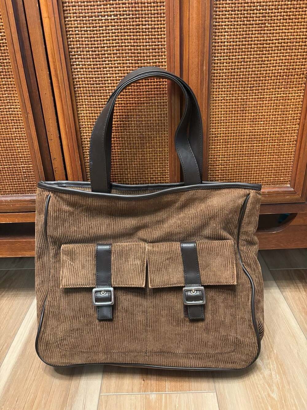 Weekend Max Mara Brown Corduroy Leather-Trimmed Tote Bag with Front Pockets